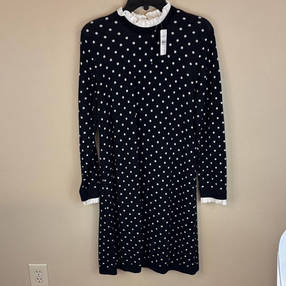 Loft Polkadot Knit Sweater Dress with Mini Ruffle Neck and Cuff Details M NWT